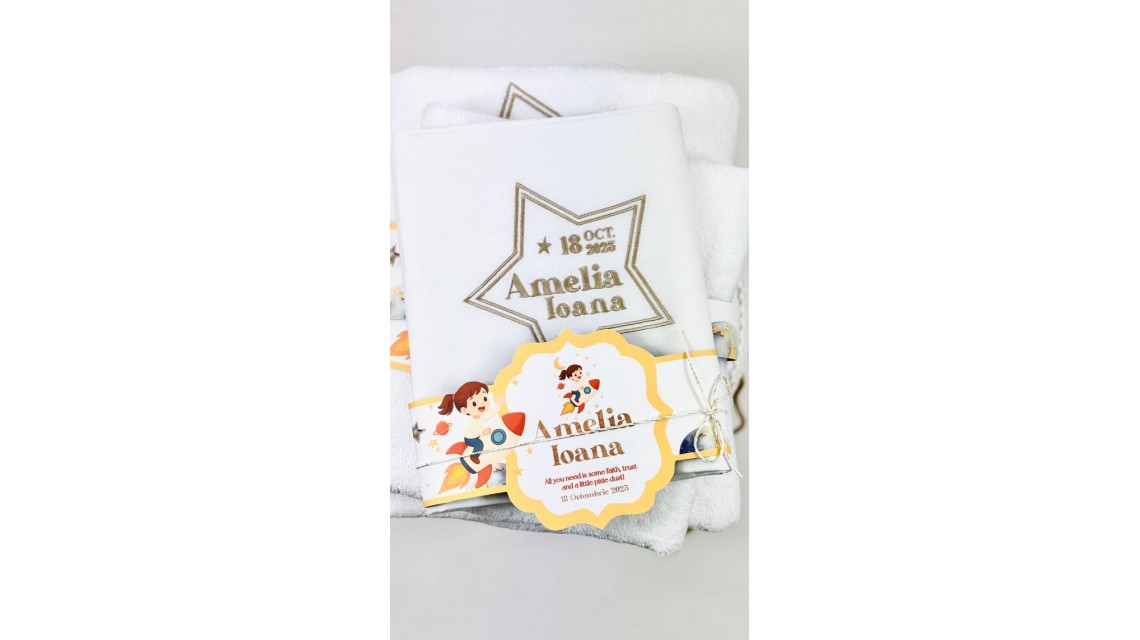 Trusou de botez Galaxy Girl tematică cosmică, stele și rachetă roz 12